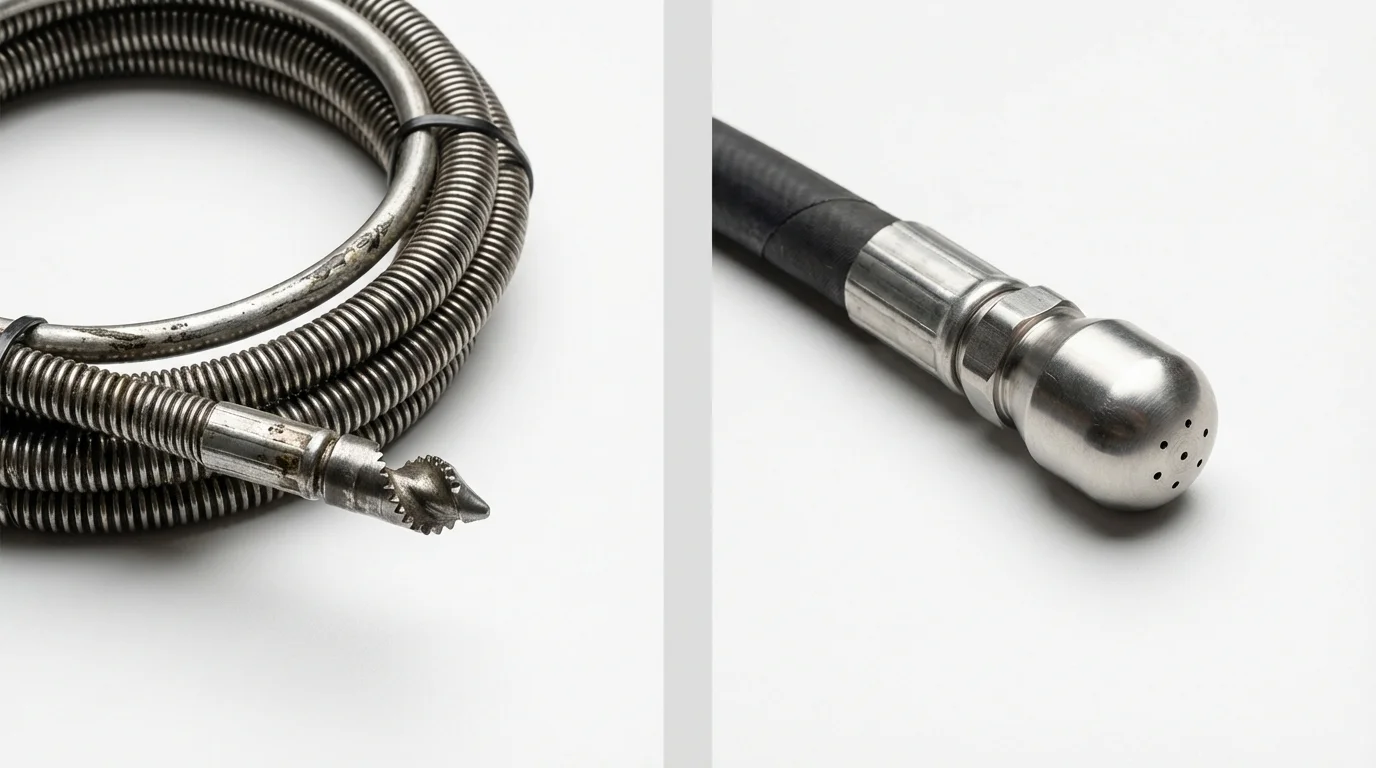 Drain snake cable and hydro jetting nozzle used for drain cleaning in Plano, IL