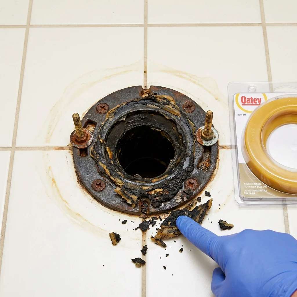 Failed wax ring showing water seepage at the base of a toilet in a Plano, IL home