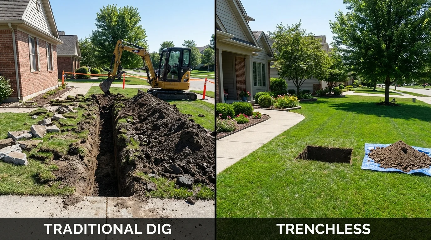 Trenchless sewer repair with minimal yard damage versus traditional excavation in Plano, IL